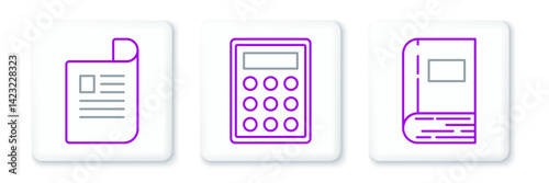 Set line Book, Document and Calculator icon. Vector