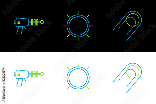 Set line Satellite, Ray gun and Sun icon. Vector