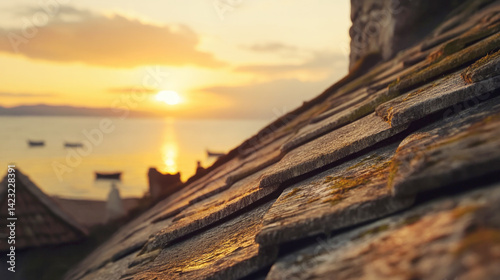 Serene sunset over grey roof shingles with garret house by the sea
