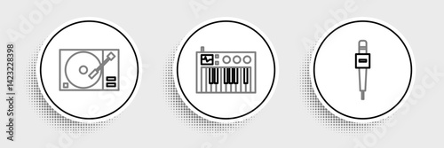 Set line Microphone, Vinyl player with a vinyl disk and Music synthesizer icon. Vector