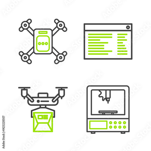 Set line 3D printer, Drone delivery concept, Software, web developer programming code and flying with action camera icon. Vector