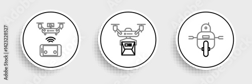 Set line Robot, Remote aerial drone and Drone delivery concept icon. Vector