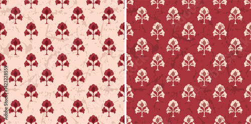 Red Ikat Leaf Block Print Textured Background Repeat Vector Abstract Pattern 