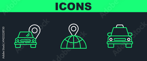 Set line Taxi car, Map pointer with taxi and Location on the globe icon. Vector