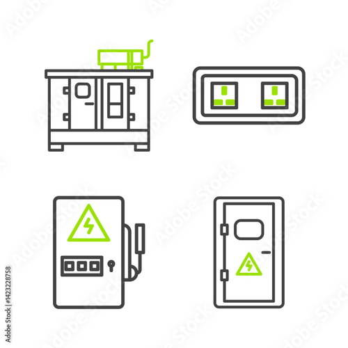 Set line Electrical cabinet, panel, outlet and Diesel power generator icon. Vector