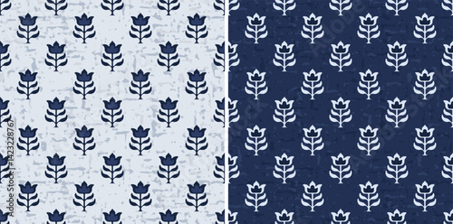 Blue Seamless Ikat Lotus Floral Block Print Repeat Vector Traditional Pattern