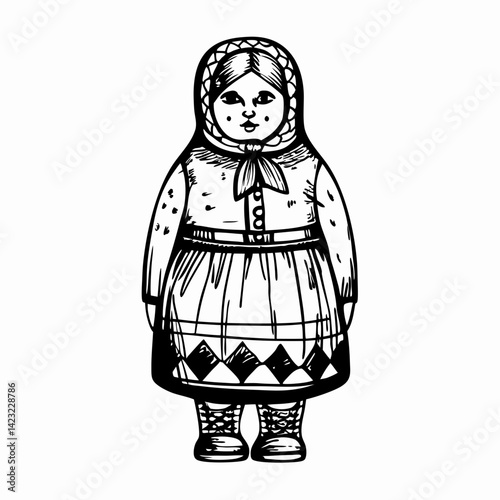 Traditional Matryoshka Doll Illustration in Black and White Capturing Russian Culture and Craftsmanship