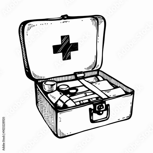 Illustration of an Open First Aid Kit Showing Medical Supplies and Tools with a Red Cross Symbol Representing First Aid and Emergency Care