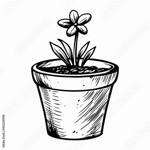 Plant with a blooming flower in a pot showcasing a hand-drawn style, symbolizing nature and care for home decor.