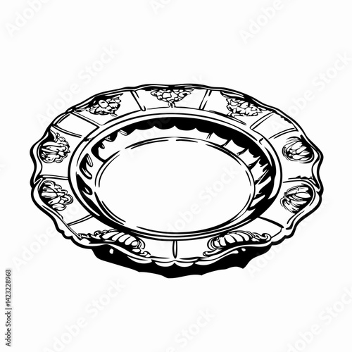 Elegant antique plate design showcasing detailed craftsmanship, emphasized by a minimalist black and white style, representing classic dining aesthetics.