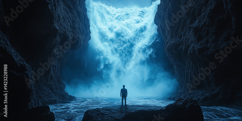 A lone figure stands silhouetted before a massive, ethereal blue waterfall cascading into a dark cave.  Use for fantasy or adventure themes.