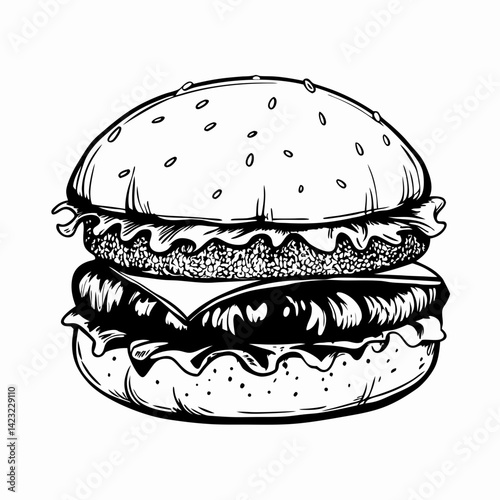 Delicious burger illustration showcasing layers of meat and toppings on a bun, outlined in black and white, representing fast food culture and culinary creativity.