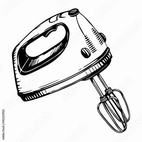 Vintage hand mixer illustration showcasing its retro design, emphasizing its function in cooking and baking, ideal for kitchen art or cooking-themed decor.