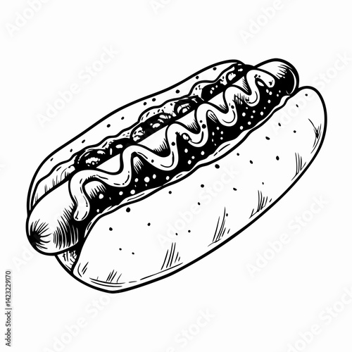 Delicious hot dog illustration featuring mustard and ketchup on a soft bun, showcasing classic street food culture and culinary delights.