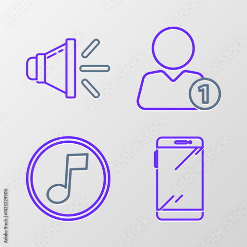 Set line Smartphone, mobile phone, Music note, tone, Add friend and Speaker volume icon. Vector