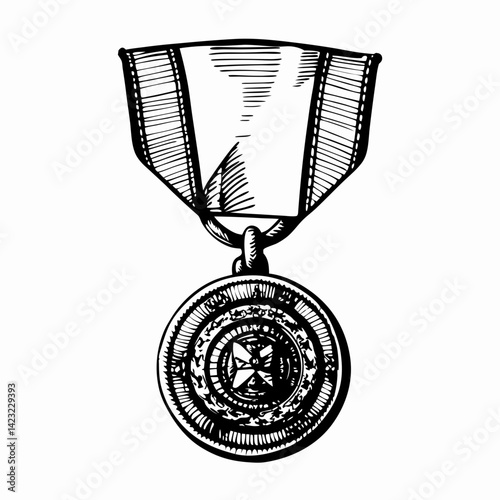 Detailed sketch of a medal symbolizing honor and achievement with a ribbon, showcasing traditional design and representing recognition for success.