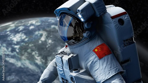 China Astronaut with arm patch flag floating through space. Space program. Spaceman. Earth in background. The country showing national pride. 