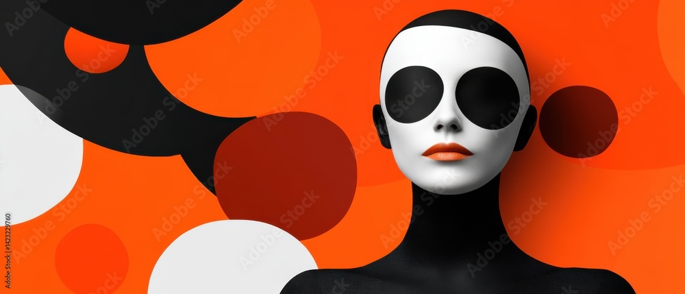 Abstract portrait of a woman with black and white face paint on orange background, conceptual art with geometric shapes and bold colors Abstract portrait of a woman with black and white face paint on orange background, conceptual art with geometric shapes and bold colors