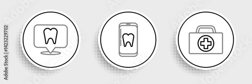 Set line First aid kit, Dental clinic location and Online dental care icon. Vector