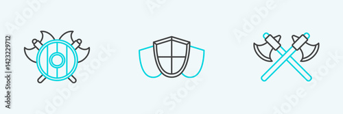 Set line Crossed medieval axes, Medieval shield with crossed and Shield icon. Vector
