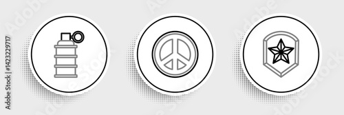 Set line Police badge, Hand grenade and Peace icon. Vector