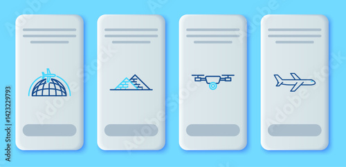 Set line Egypt pyramids, Drone flying with action video camera, Globe plane and Plane icon. Vector