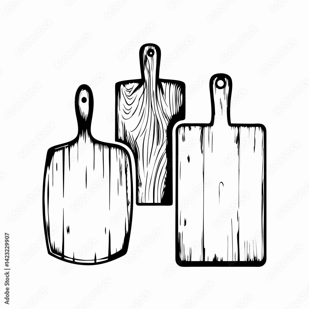 Obraz premium Three Wooden Cutting Boards in Sketch Style on a White Background Representing Kitchen Tools for Culinary Use and Home Cooking.