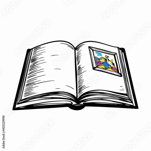Open Illustrated Book Featuring Colorful Portrait, Represents Imagination and Creativity in Storytelling
