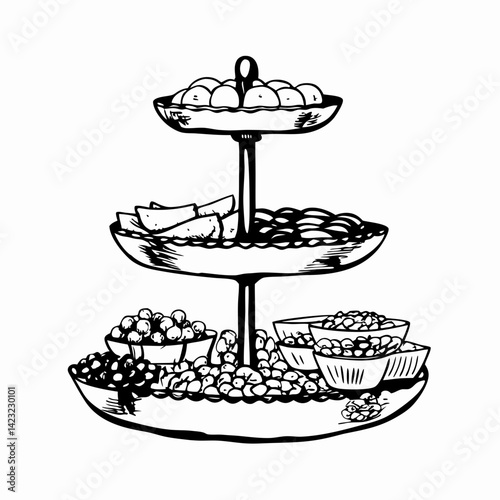 Elegant three-tiered dessert stand displaying a variety of fruits and candies, black and white vintage style, representing celebration and indulgence.