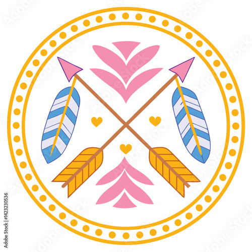 Cute Crossed Arrows with Feathers, Floral, and Heart Accents in Circle Design