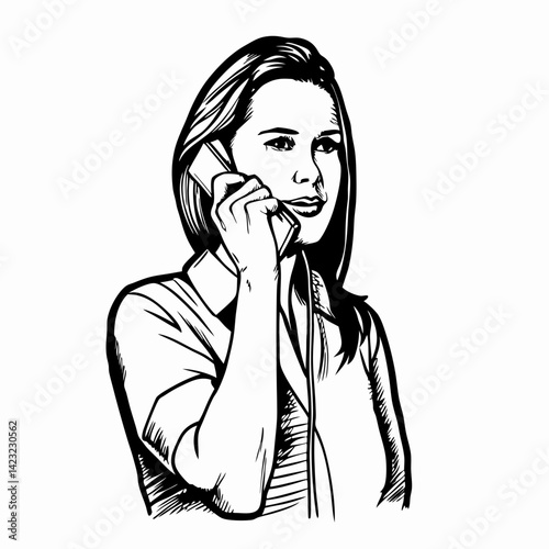 Woman talking on the phone with a thoughtful expression, set against a minimalist background, representing communication and connection in a digital age.