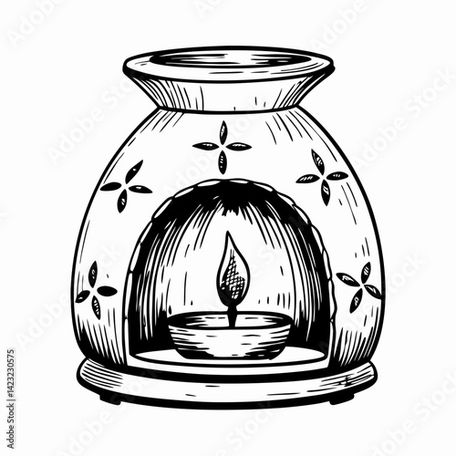 Elegant decorative oil lamp creating a serene ambiance, intricately designed with floral patterns, representing tranquility and home fragrance.