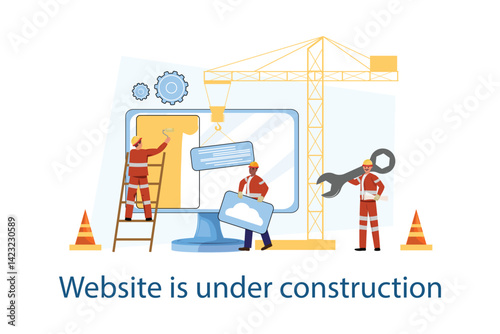 Colorful vector error page template featuring construction crew working on website display with tools