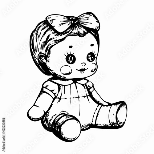 Cute vintage-style doll sitting happily with a bow, outlined illustration on a white background, symbolizes childhood innocence and nostalgia.