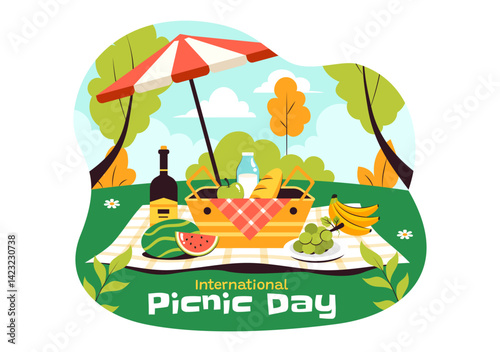 International Picnic Day Vector Illustration Featuring a Family with Table and Food Basket Enjoying a Pleasant Summer Day in the Park in a Background