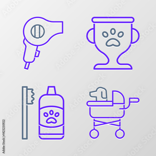 Set line Pet stroller, Dental hygiene for pets, award and Hair dryer icon. Vector
