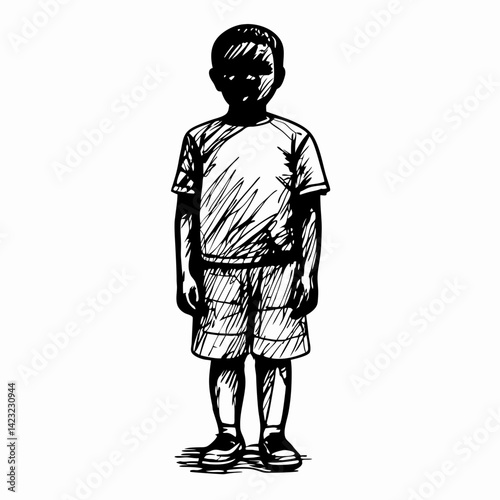 Sketch of a boy standing confidently in casual attire against a minimalist background, representing childhood innocence and exploration.
