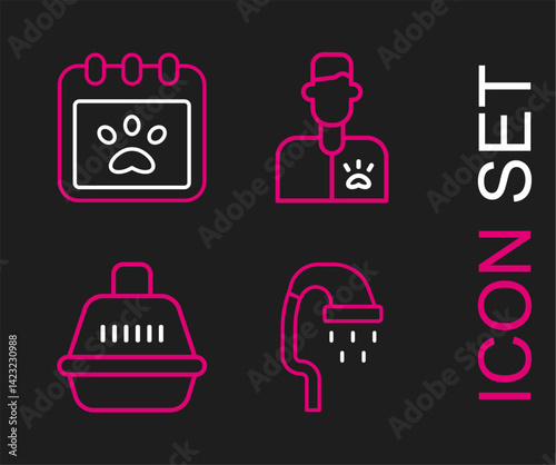 Set line Pet shower, carry case, Veterinarian doctor and Calendar grooming icon. Vector