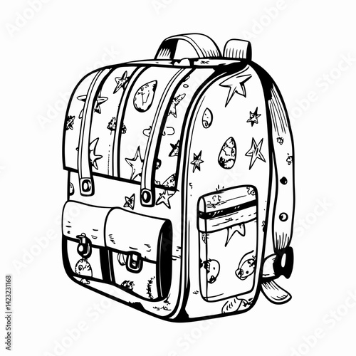 A black and white illustration of a backpack with stars and patterns, symbolizing school supplies, travel gear, and portable storage with personality
