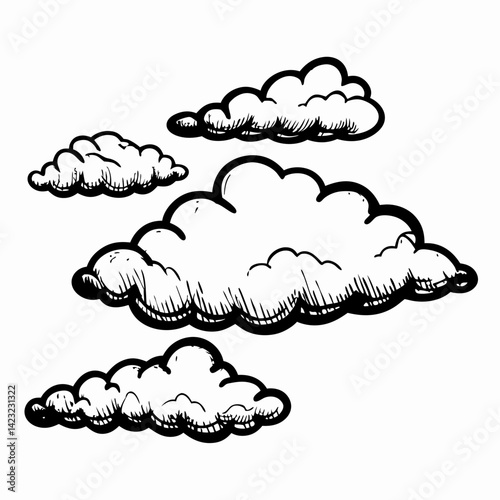 Stylized clouds floating in a cartoonish design on a blank background representing creativity and imagination without real-world interference.