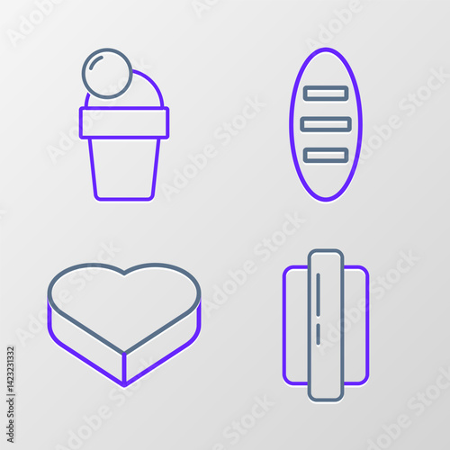 Set line Hotdog sandwich, Candy in heart shaped box, Bread loaf and Ice cream icon. Vector