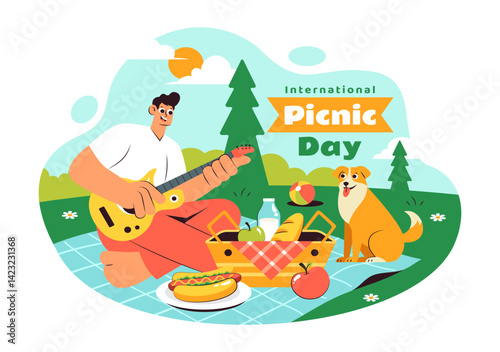 International Picnic Day Vector Illustration Featuring a Family with Table and Food Basket Enjoying a Pleasant Summer Day in the Park in a Background