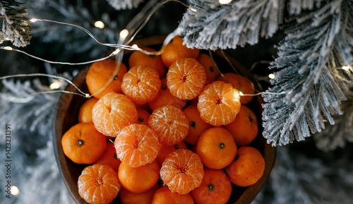 Plate with tangerines under a beautiful New Year tree. View from above