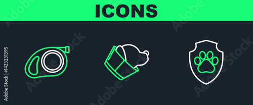 Set line Animal health insurance, Retractable cord leash with carabiner and Veterinary clinic symbol icon. Vector