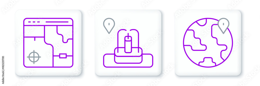 Set line Location on the globe, Infographic of city map and with fountain icon. Vector Set line Location on the globe, Infographic of city map and with fountain icon. Vector