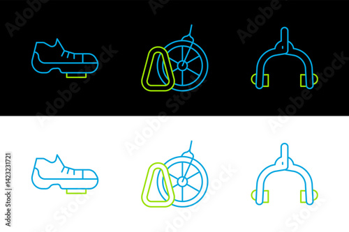 Set line Bicycle brake calipers, shoes and parking icon. Vector