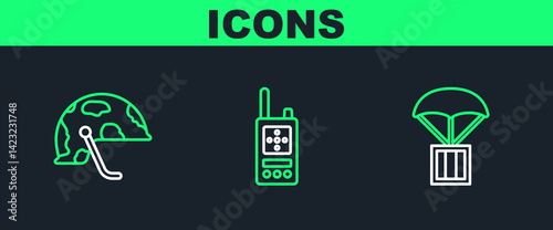 Set line Airdrop box, Military helmet and Walkie talkie icon. Vector