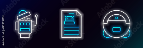 Set line Robot vacuum cleaner, and Technical specification icon. Glowing neon. Vector