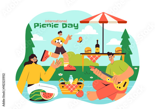 International Picnic Day Vector Illustration Featuring a Family with Table and Food Basket Enjoying a Pleasant Summer Day in the Park in a Background