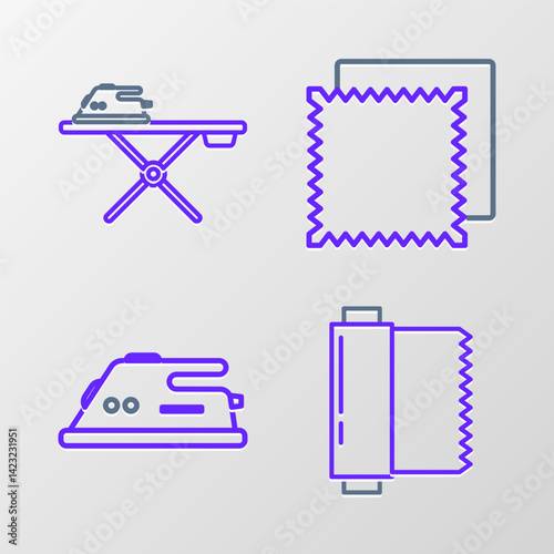Set line Textile fabric roll, Electric iron, and and ironing board icon. Vector